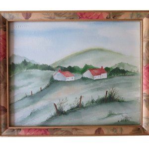 Original Vintage Signed Watercolor Landscape Picture Framed Under Glass 11" x 9"